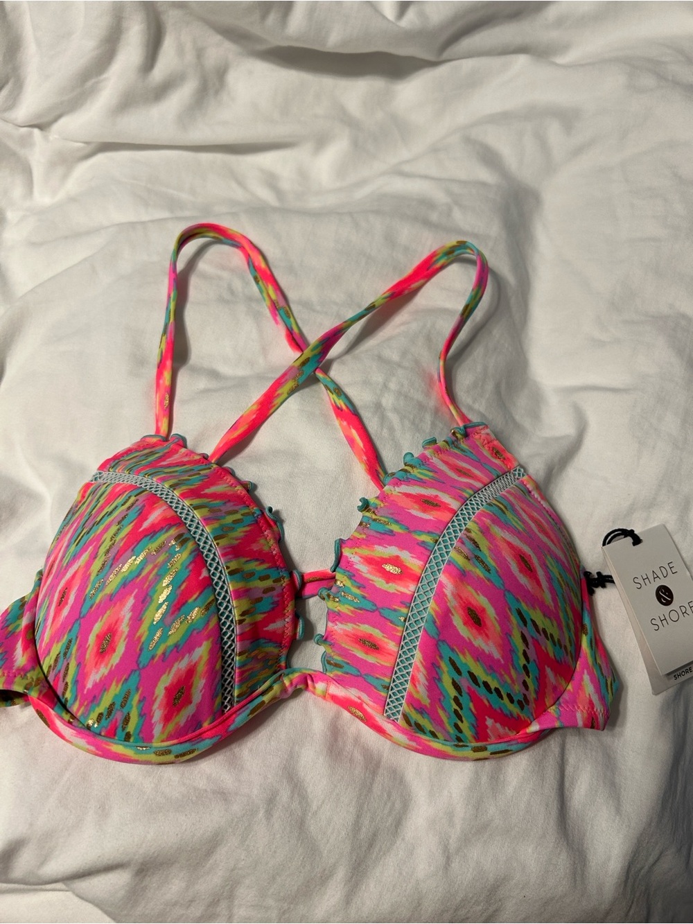 Shade & Shore Neon 34B Push-Up Bikini Top Criss Cross Strap Hot Pink & Gold